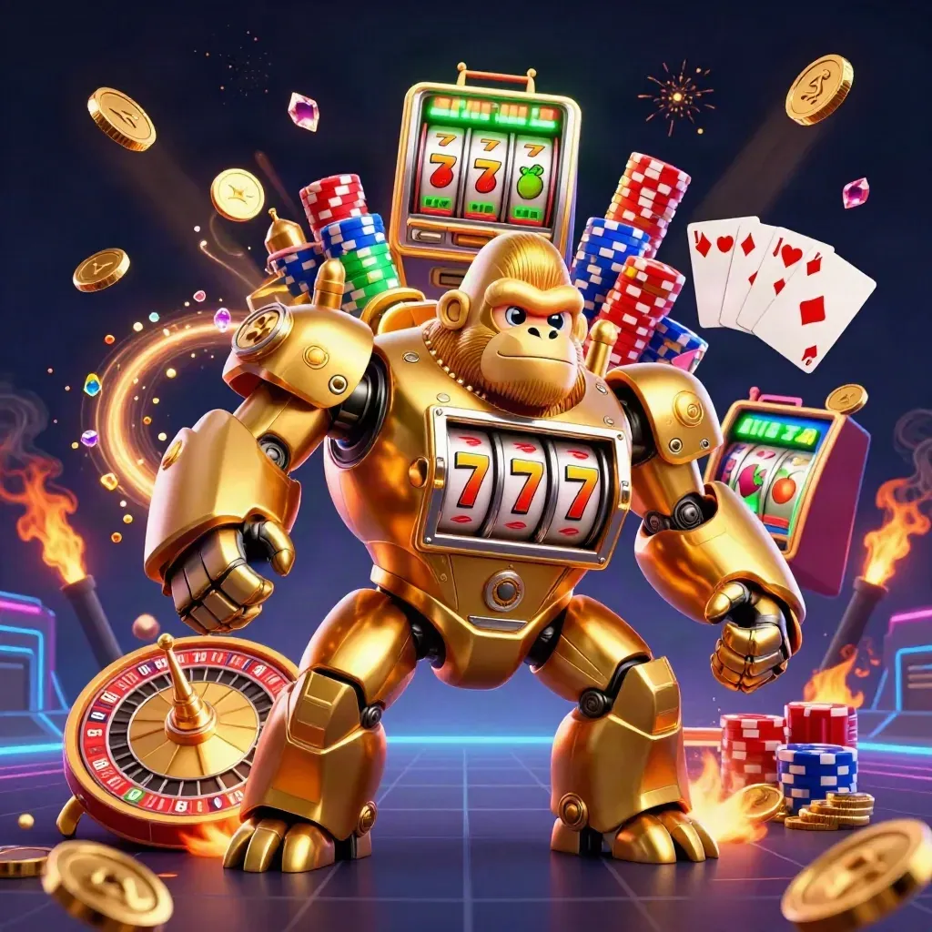 Golden gorilla mech with monkey pilot amid coins, reels, chips, and casino treasure bursts.