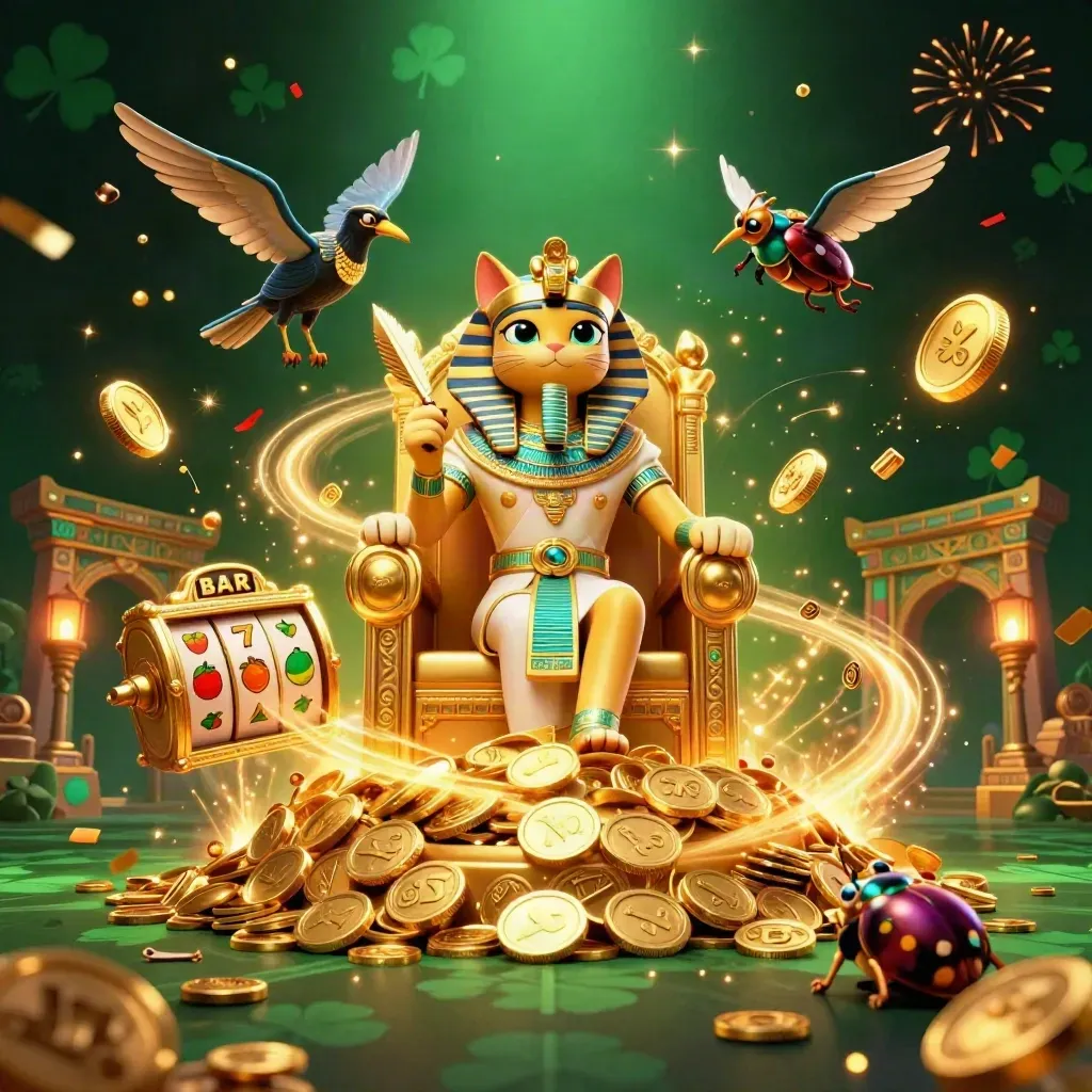 Egyptian cat pharaoh on throne amid coins, scarabs, temple gate and jackpot slot chaos