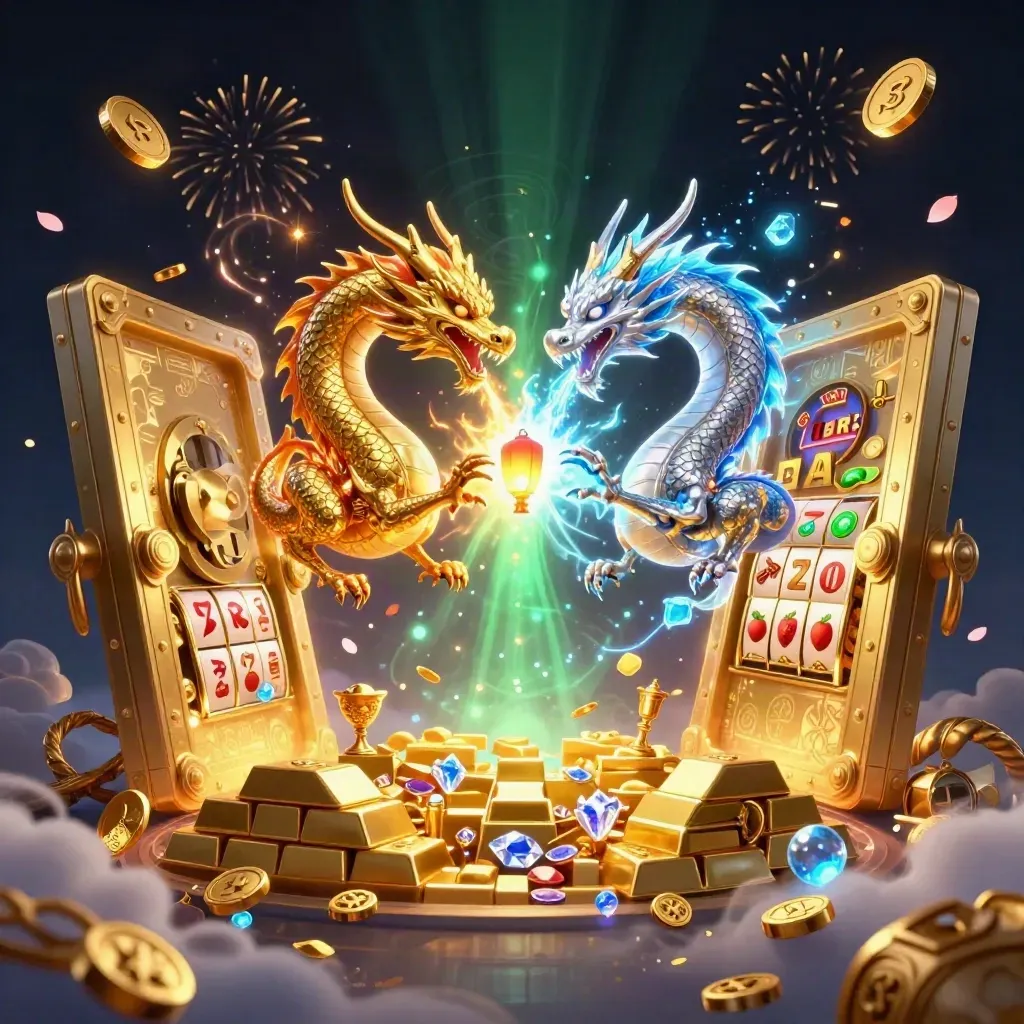 Twin gold and silver dragons spiral around an opening vault as treasure and light burst out.