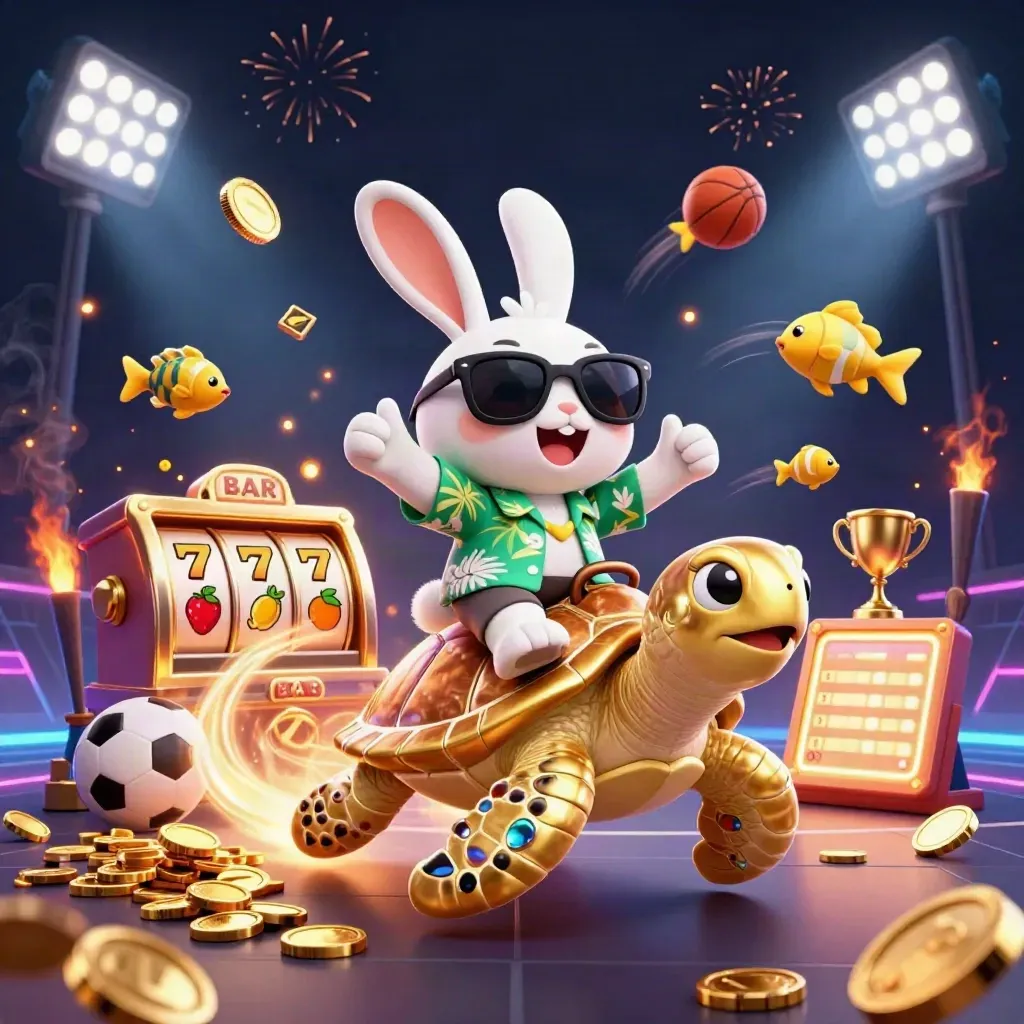 Lucky rabbit on golden sea turtle amid coins, sports balls, slots, fireworks and casino lights
