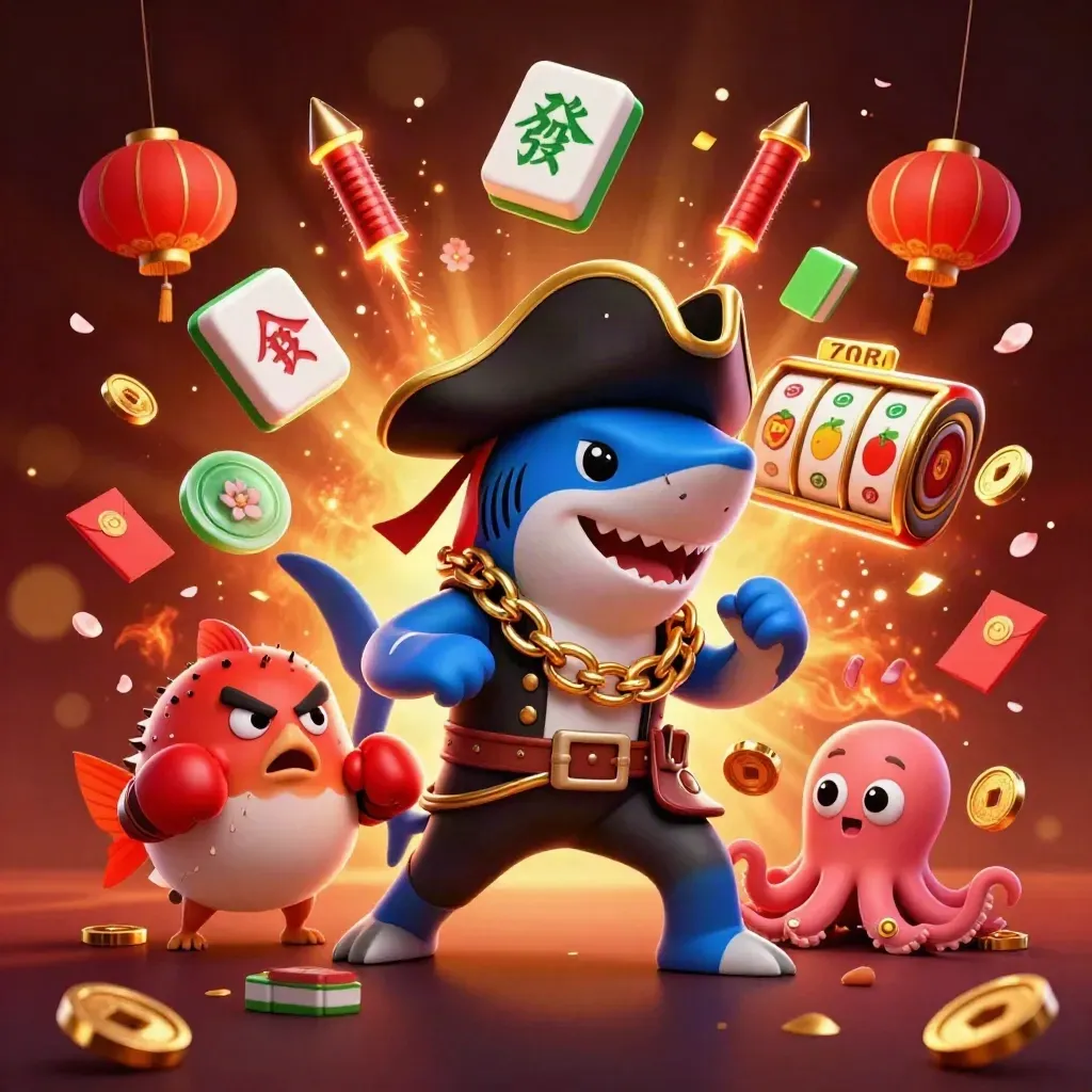 Pirate shark, boxing pufferfish, and juggling octopus amid casino coins and lanterns.