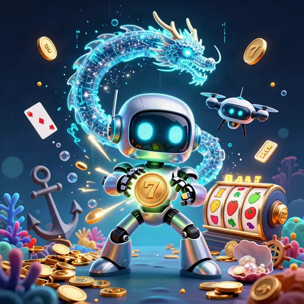 Chrome robot, holographic dragon, and coin drone amid jackpot reels, treasure cove, and neon effects.