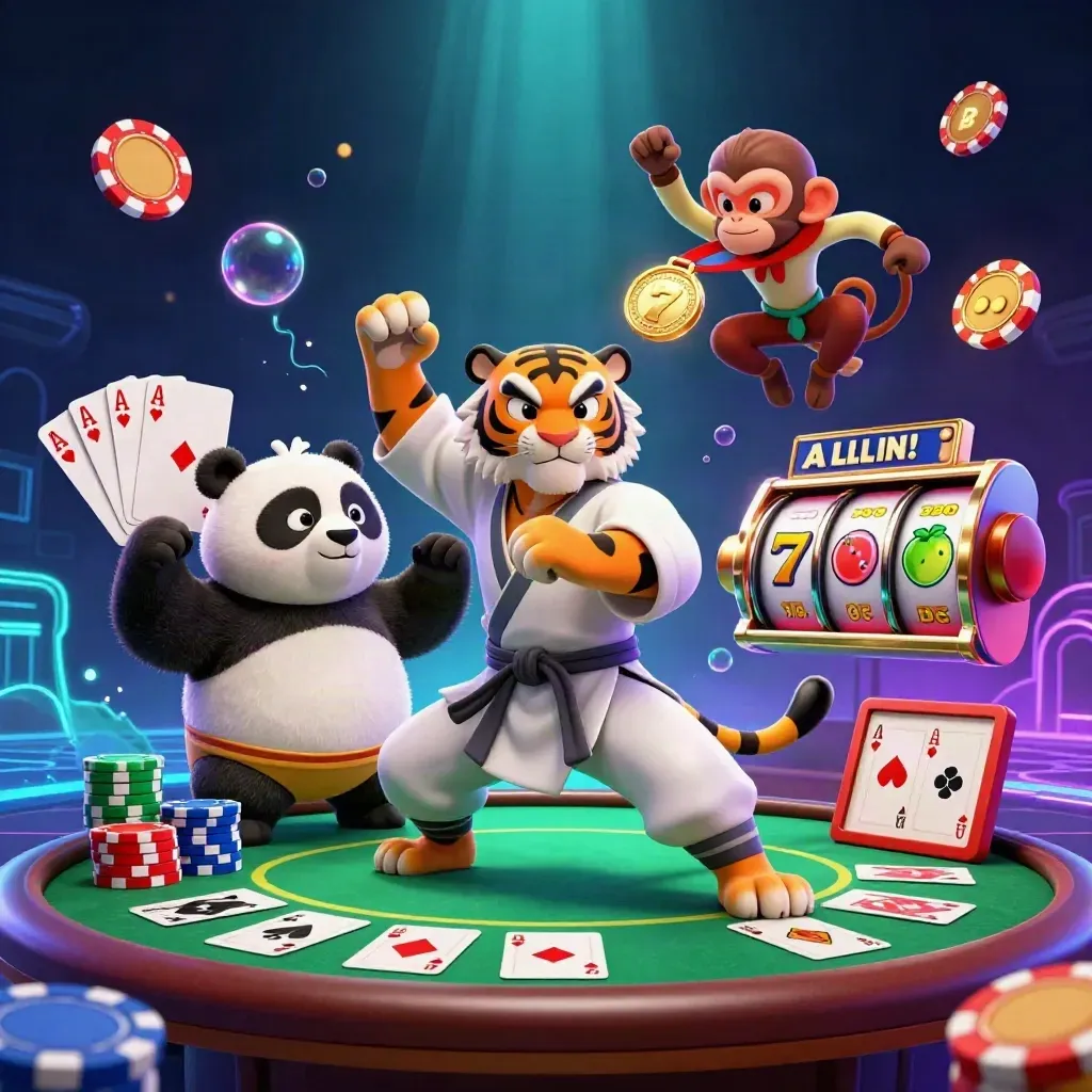 Tiger, panda, and monkey casino heroes amid chips, cards, reels, and neon glow.