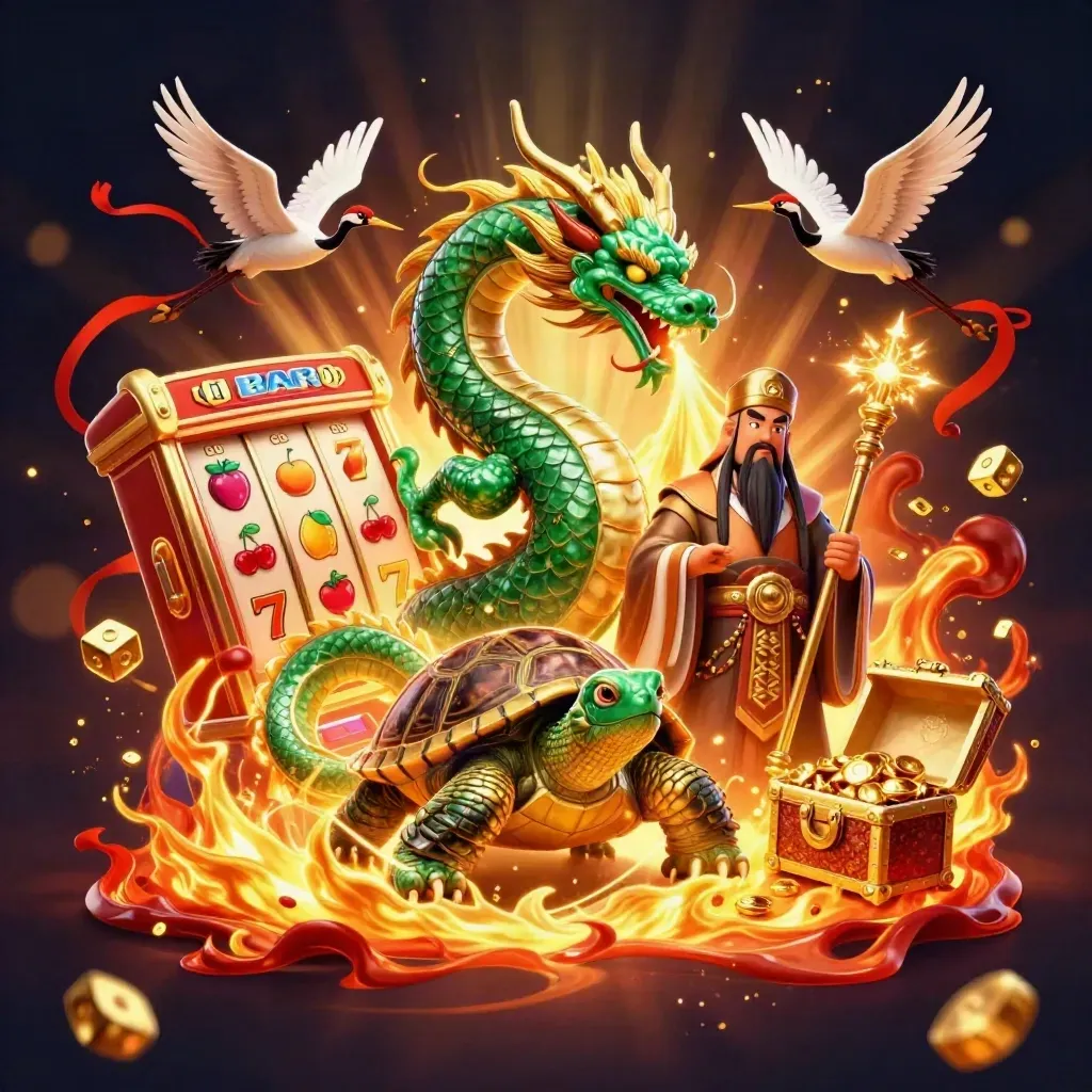 Emerald dragon, turtle sage, and cranes amid slot reels, gold fire, and jackpot treasures.