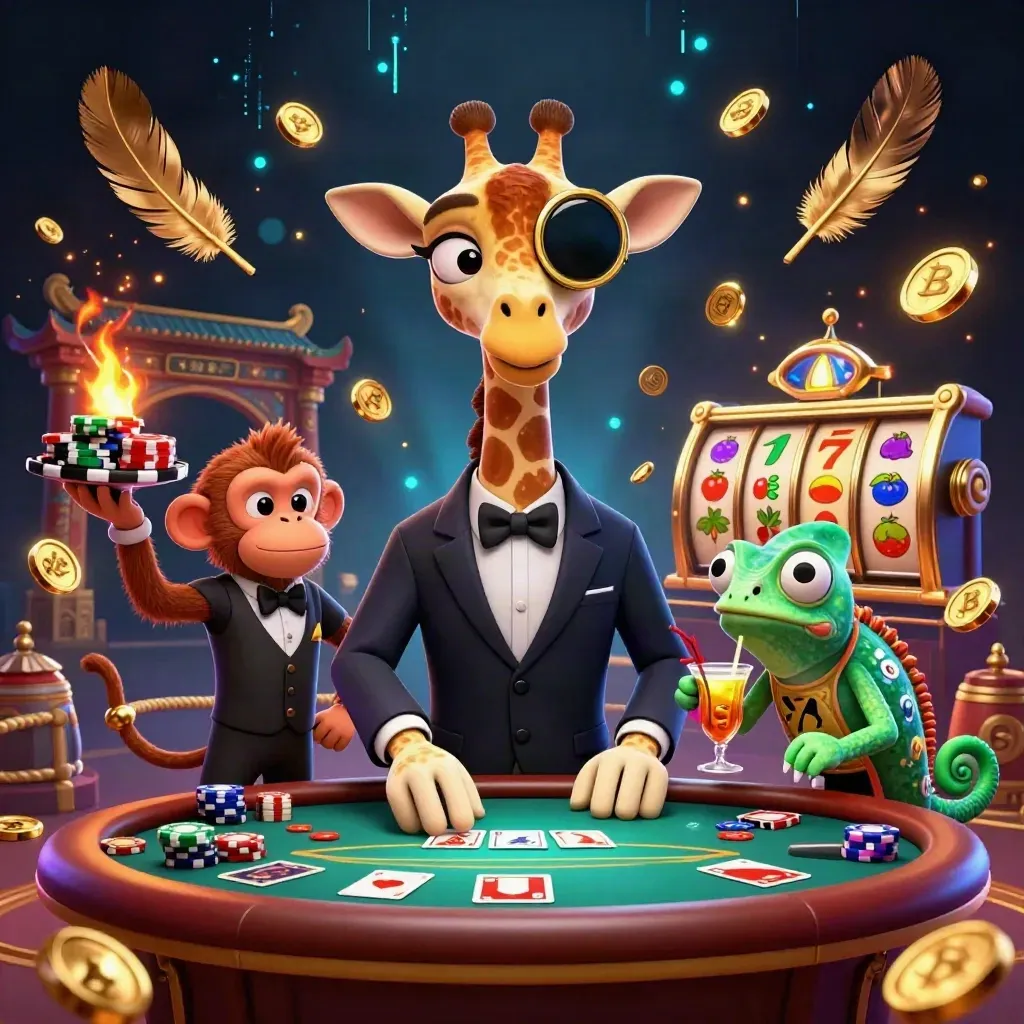 Giraffe, monkey valet, and chameleon bartender amid casino chips, reels, and glowing gold effects.