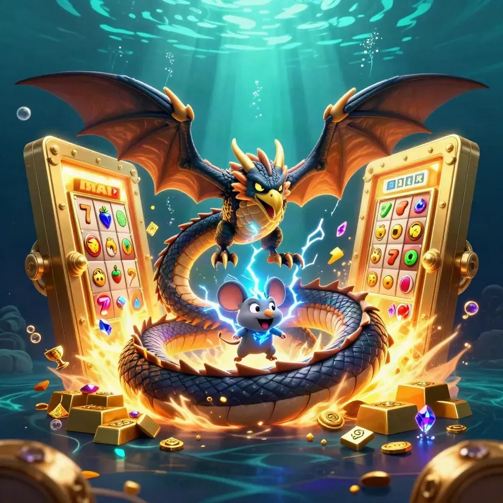 Thunder dragon, glowing hawk, and crackling mouse amid gold vault loot in an underwater casino glow.