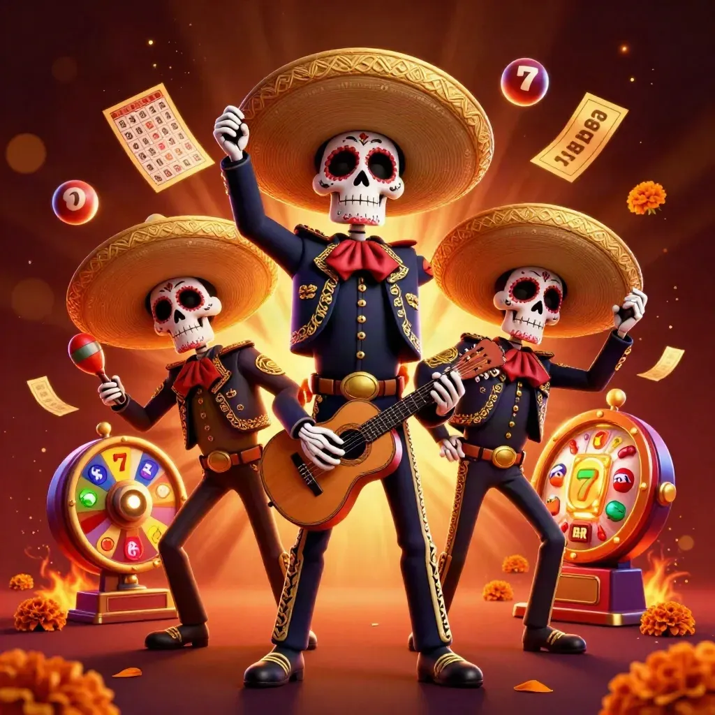 Three skeleton mariachi performers amid casino symbols, sparks, petals, and glowing prize effects.