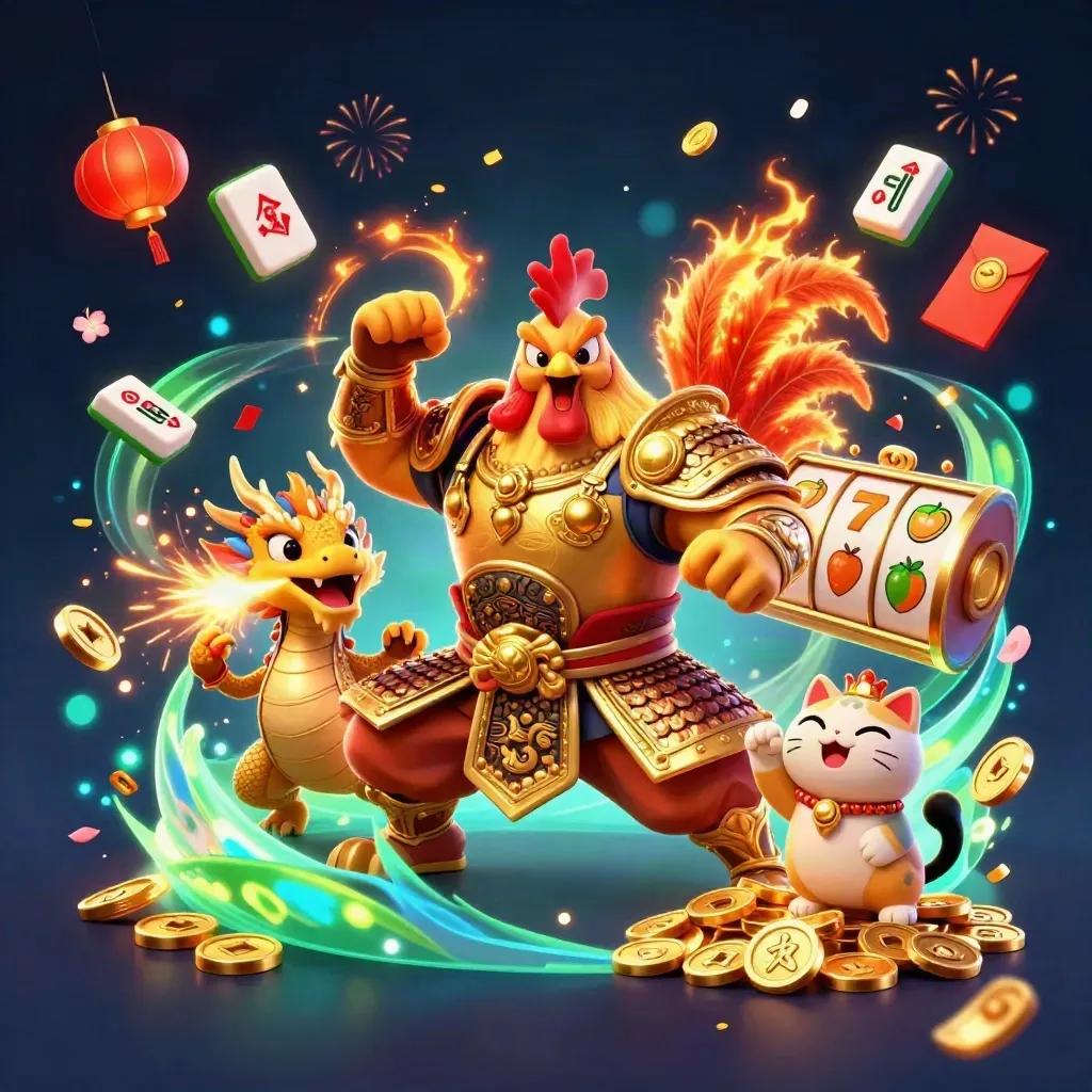Rooster warrior, dragon hatchling, and lucky cat amid casino sparks, coins, and fireworks.