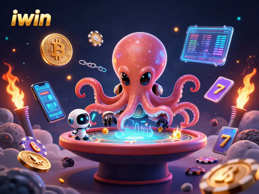 iwin showcases an alien octopus at a holographic poker table, surrounded by vibrant casino-themed elements.