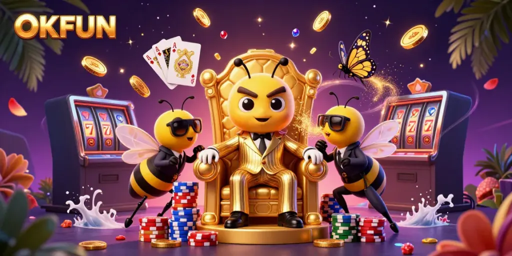 Spin and win with OKFUN in a vibrant casino-themed 3D illustration, featuring lively game elements.