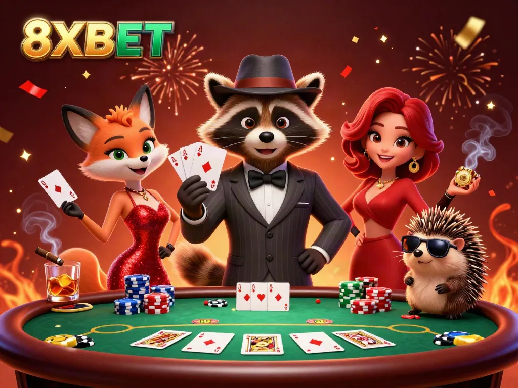 8XBET raccoon gambling with friends, showcasing excitement and poker elements in an engaging casino scene.