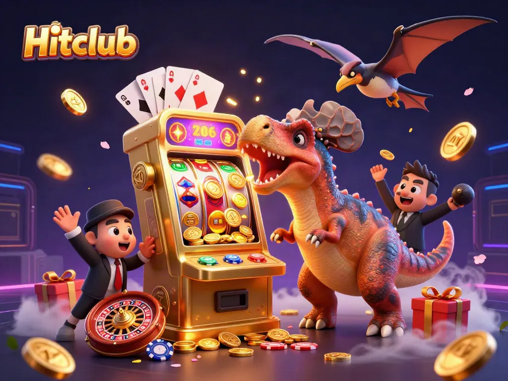Hitclub showcases a dynamic casino scene featuring a pachycephalosaurus, golden coins, and a bustling slot machine.