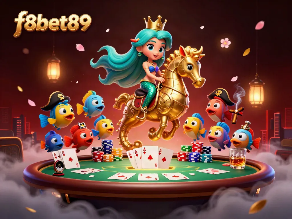 Engage in thrilling gameplay with f8bet89 in this vibrant casino scene featuring a mermaid and poker elements.