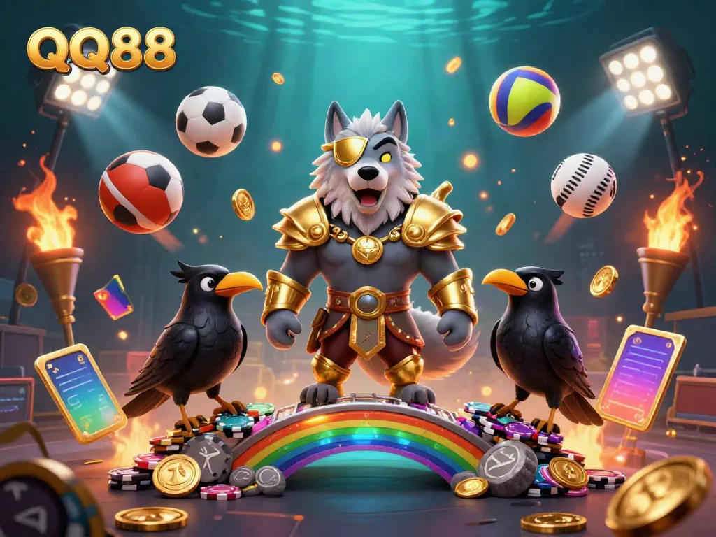 Engage with QQ88's vibrant gambling scene, featuring a mythical wolf and dynamic sports elements.