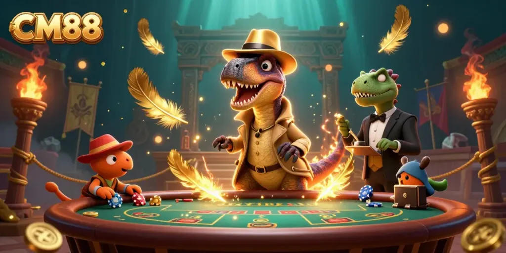 CM88 leverages a quirky casino scene with a velociraptor card counter and a pit boss amidst vibrant gaming elements.