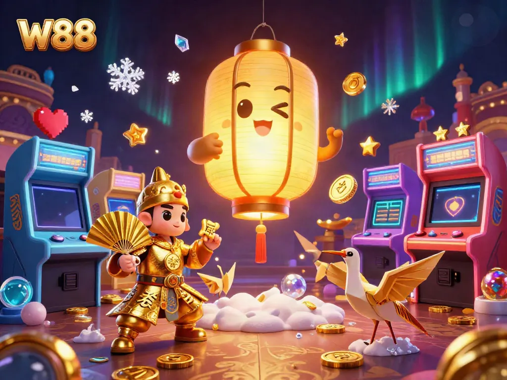 W88 showcases a vibrant 3D digital casino scene filled with golden lantern spirits and arcade machines.