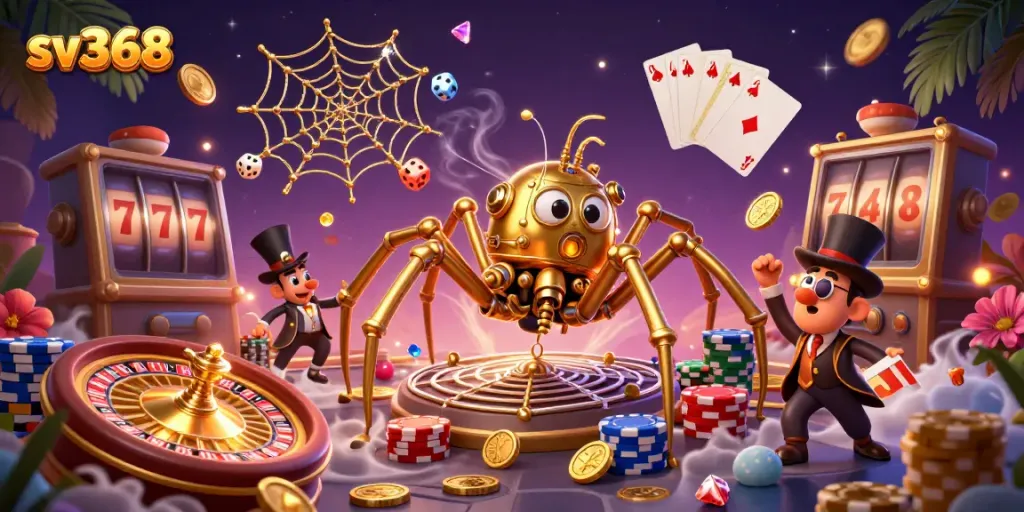 Experience thrilling betting with sv368 in a vibrant 3D casino scene filled with gold and excitement.