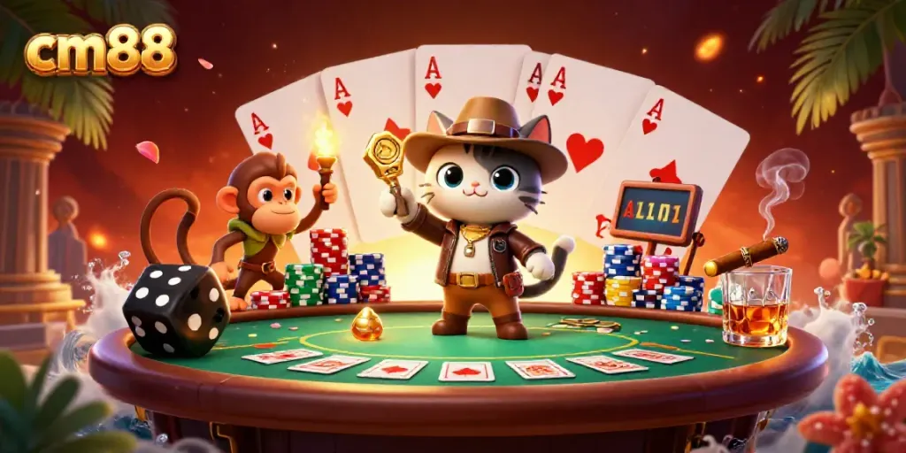 Engage with thrilling games at cm88, where a cat explorer uncovers a golden casino artifact in a vibrant jungle.