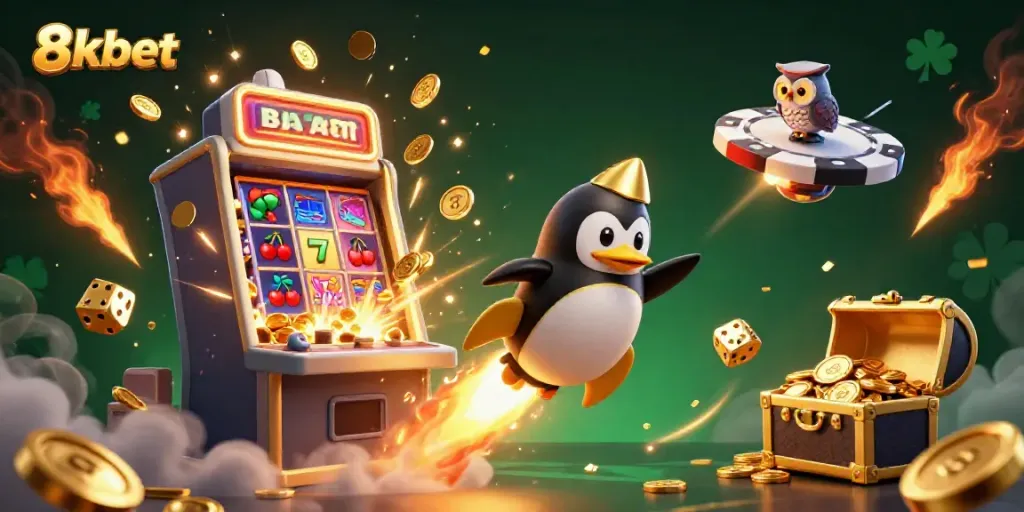 Experience thrilling excitement with 8xbet as golden coins and slot machine symbols burst forth in an engaging casino scene.