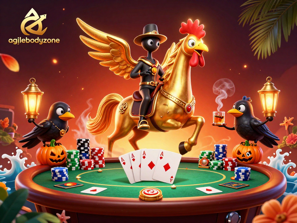 Experience excitement at agilebodyzone with vibrant casino scene featuring a golden rooster and poker chips.