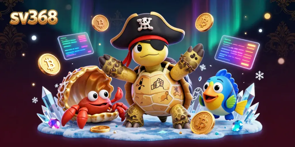sv368 offers a vibrant casino illustration featuring a pirate turtle, hermit crab, and parrotfish amidst digital treasures.