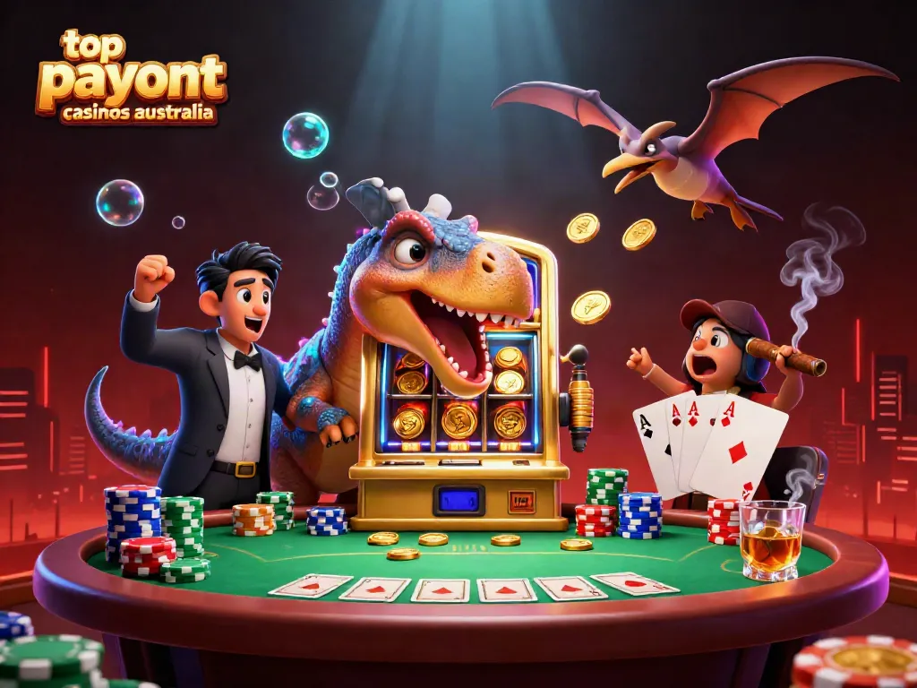 Discover the action at top payout casinos Australia, with vibrant characters and a bustling casino atmosphere.