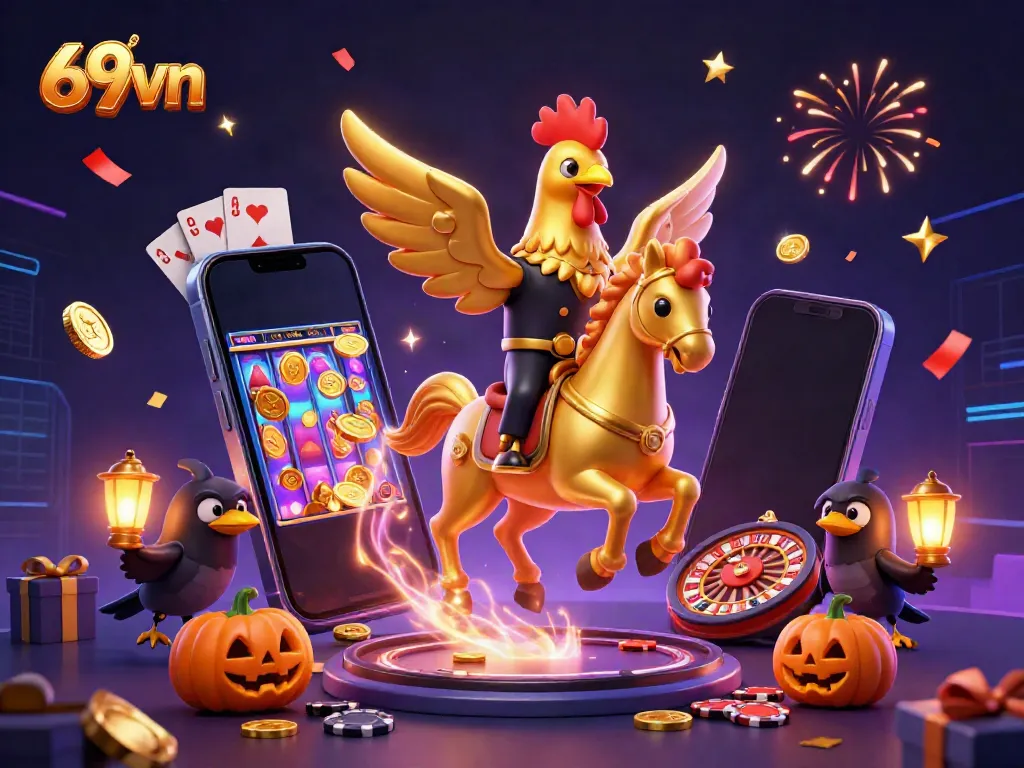 Experience thrilling gameplay with 69vn at a vibrant casino, featuring a golden rooster and animated game elements.