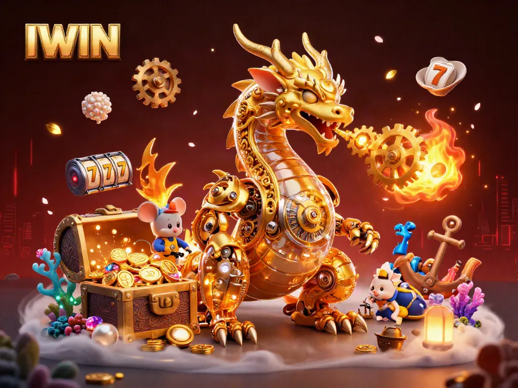 IWIN game illustration featuring a golden dragon, slot reels, and treasure amid rich casino elements.