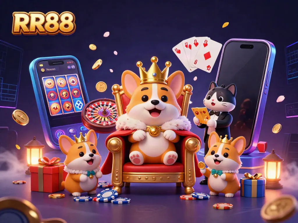 Play exciting games at RR88, featuring a cartoon royal corgi on a throne of poker chips amidst vibrant casino elements.