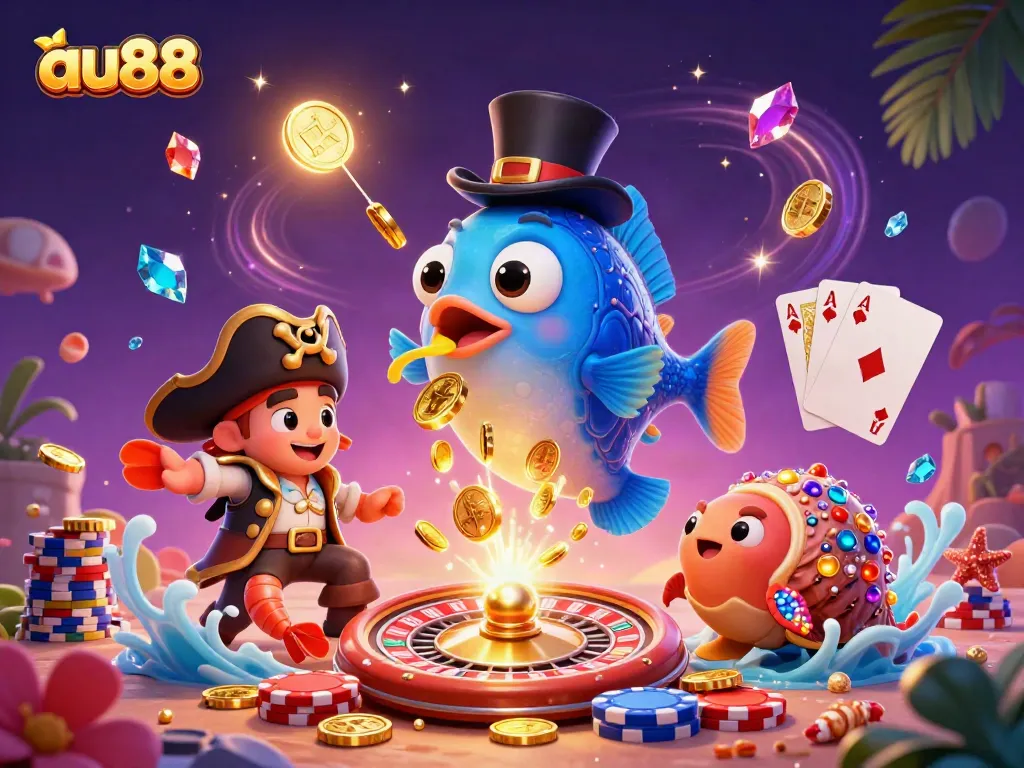 Experience the thrill of au88 with an anglerfish in a top hat, shrimp in pirate garb, and treasure-filled snail in a dazzling casino scene.