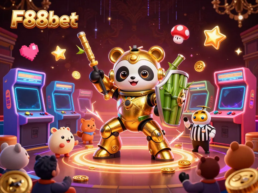 Experience the excitement of F88bet with a dynamic gaming scene featuring a mech-suit panda and vibrant arcade elements.