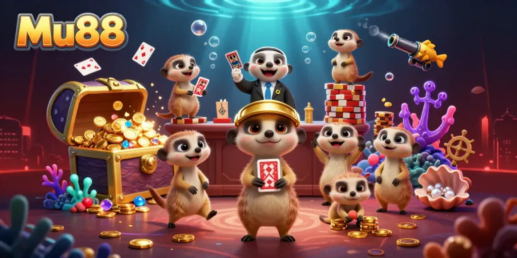 Mu88 meerkats managing an underwater casino, showcasing vibrant treasures and dynamic gameplay.