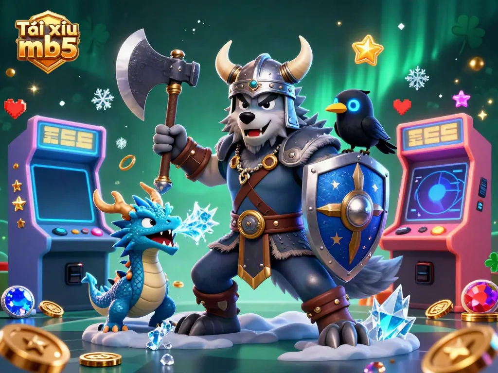 Tài xỉu mb5 features a Viking wolf warrior, fierce dragon, and glowing raven in a vibrant gambling scene.