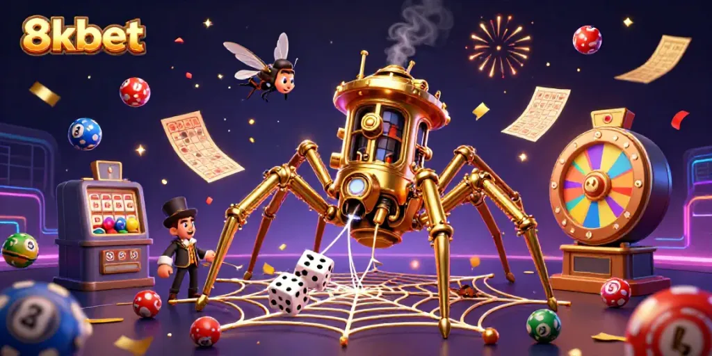 Engage with 8xbet's lively gambling universe featuring a steampunk spider and dynamic casino elements.