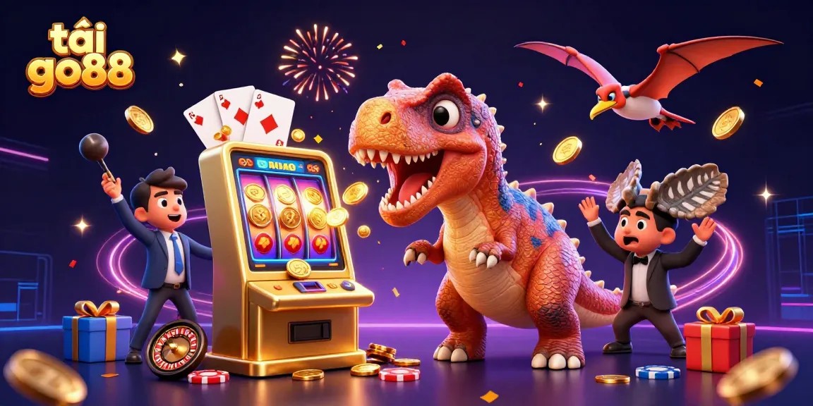 Jackpot moments at tải go88 as dinosaurs interact with a slot machine amidst flying coins and vibrant celebrations.