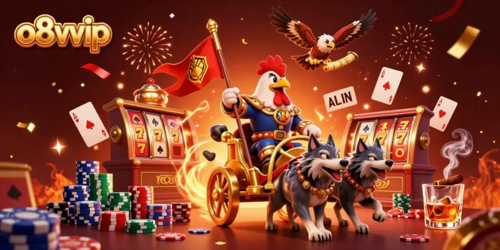 Experience thrilling gameplay at o8vvip with dynamic 3D casino elements and vibrant illustration.