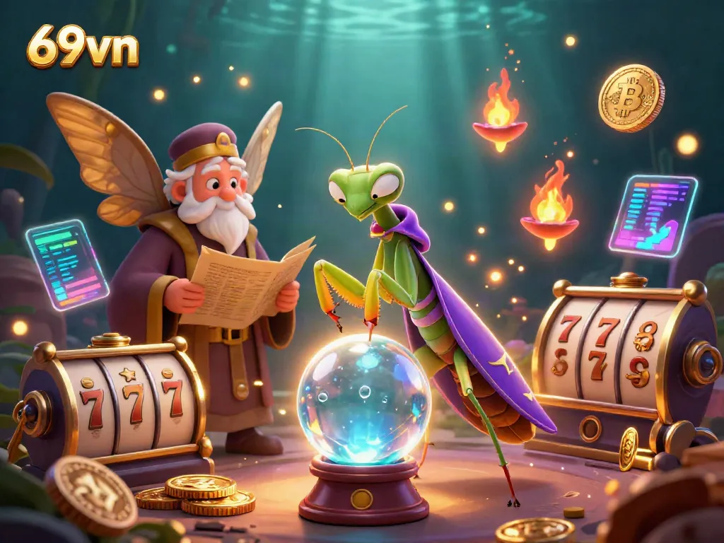 Experience thrilling gaming at 69vn with vibrant symbols, slot elements, and a mystical ambiance.
