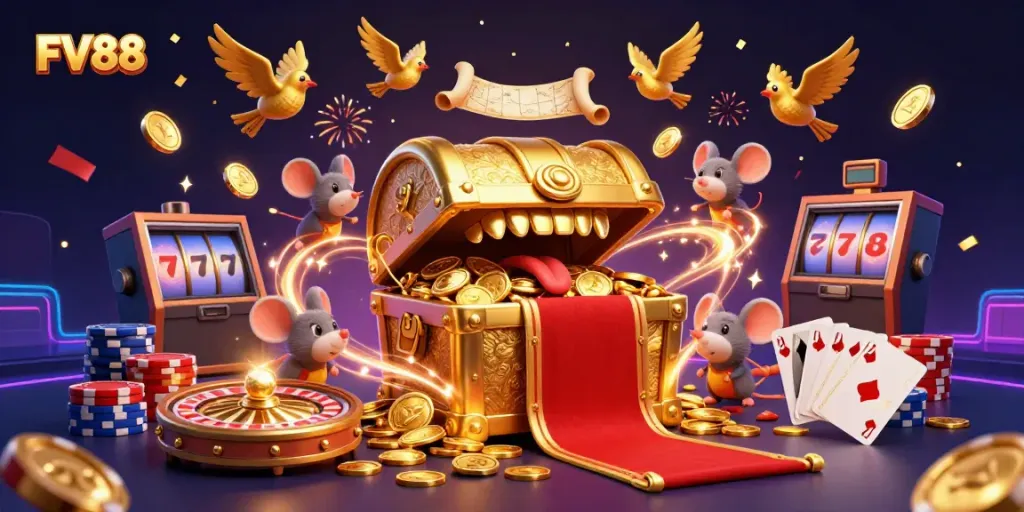 Experience the thrill of winning at FV88 with a vibrant treasure-filled casino scene.