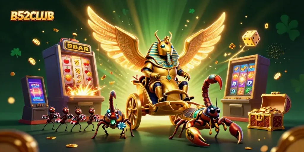 Experience the thrill of B52CLUB with iconic gambling symbols and a dynamic scene of a golden scarab and scorpions.