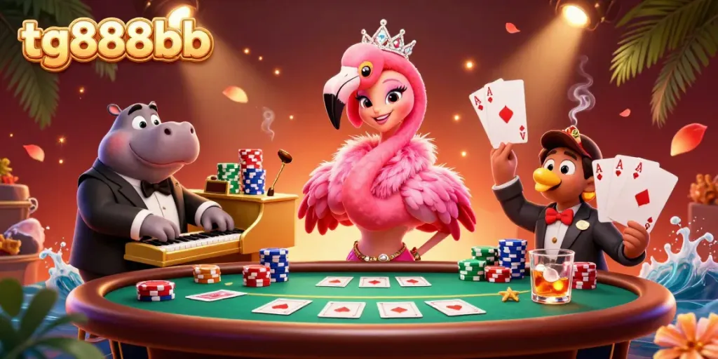 Experience thrilling gameplay at tg888bb with a vibrant casino scene featuring cartoon characters and poker elements.