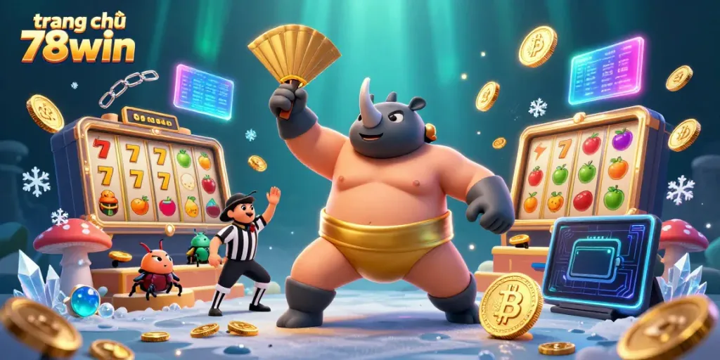 Experience winning at trang chủ 78win with a festive casino scene featuring beetle champions and lively slot game action.