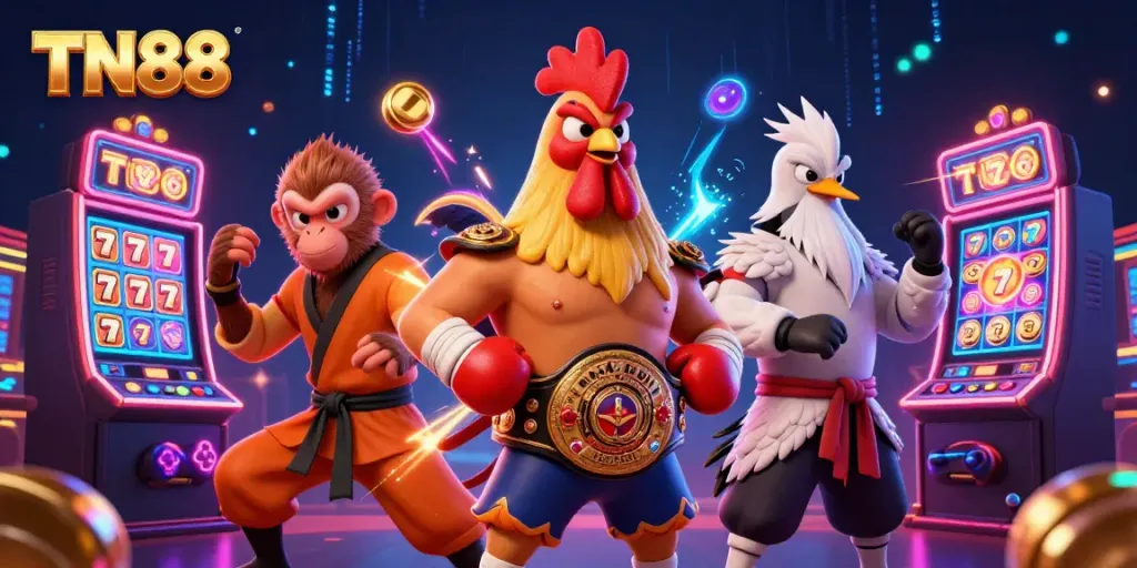 Engage with thrilling TN88 slot games featuring a fierce rooster, a monkey artist, and a wise crane amidst vibrant casino visuals.