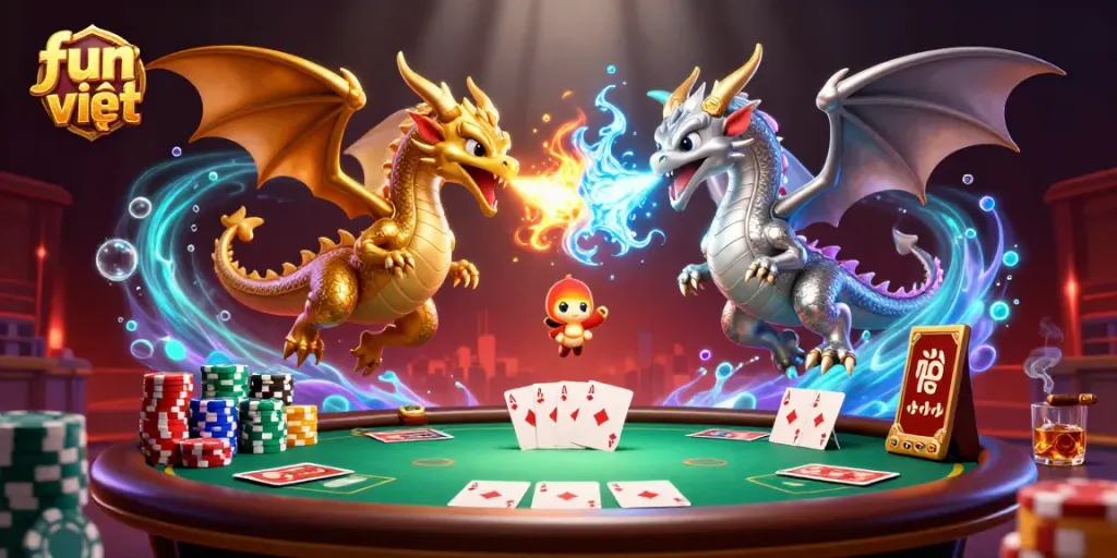 Engage in fun việt-themed gaming with twin cartoon dragons in a vibrant casino setting.