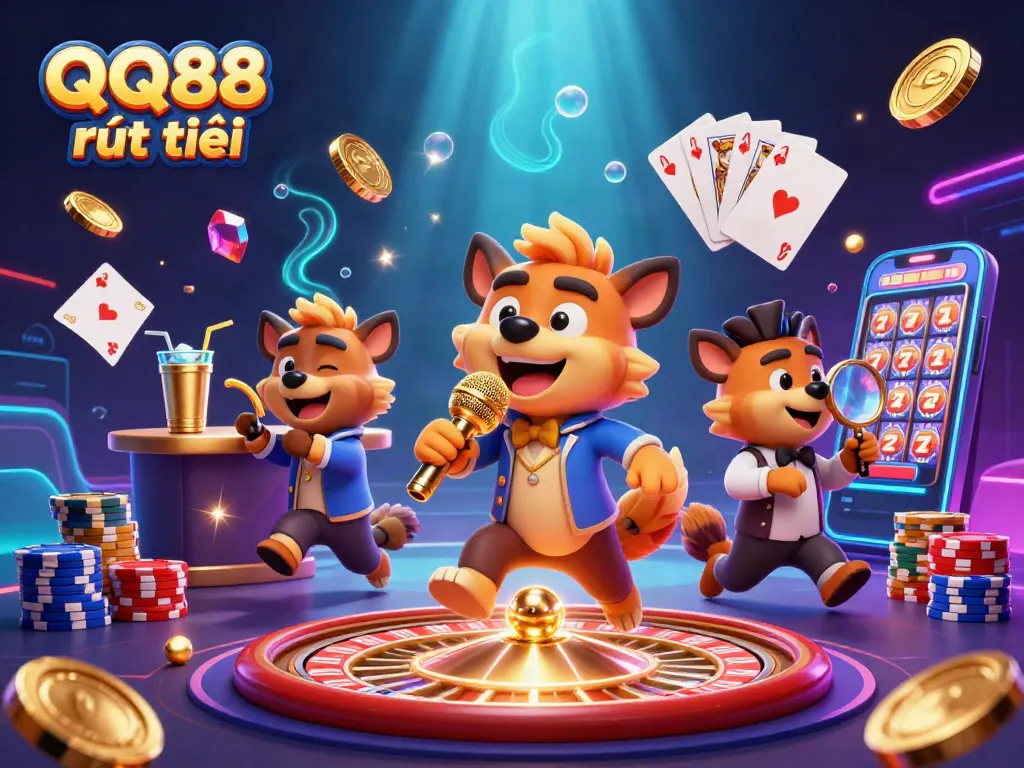Engage with QQ88 rút tiền in a lively casino scene featuring hyenas as characters and rich gaming elements.