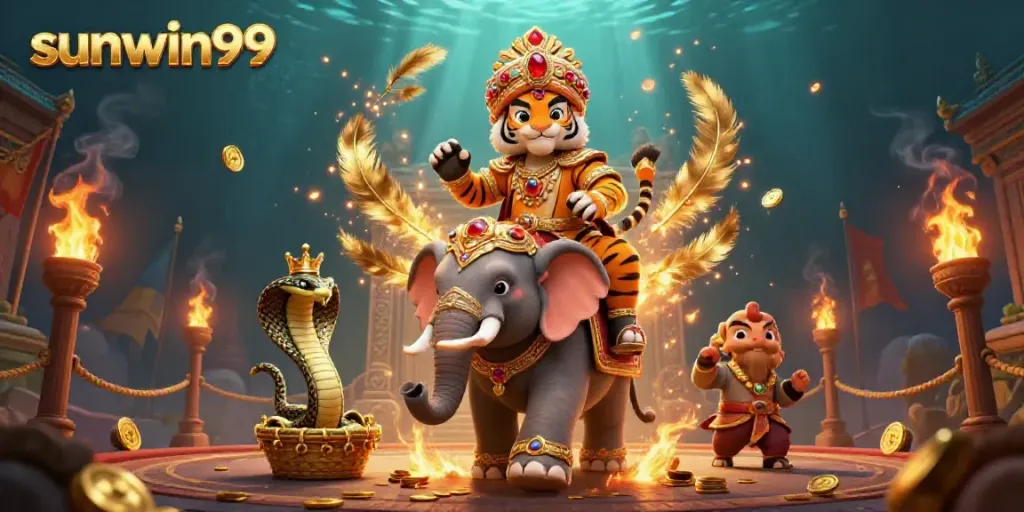 Experience the excitement of sunwin99's gaming world with a vibrant 3D scene of a casino themed tiger, elephant, and cobra.