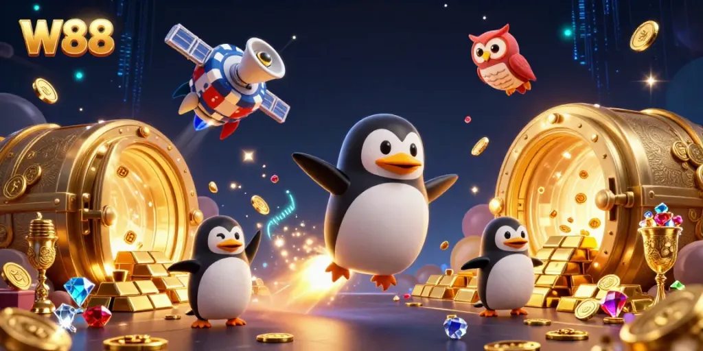 Experience thrilling bets with the W88 penguin soaring to a casino in a dazzling gold scene.