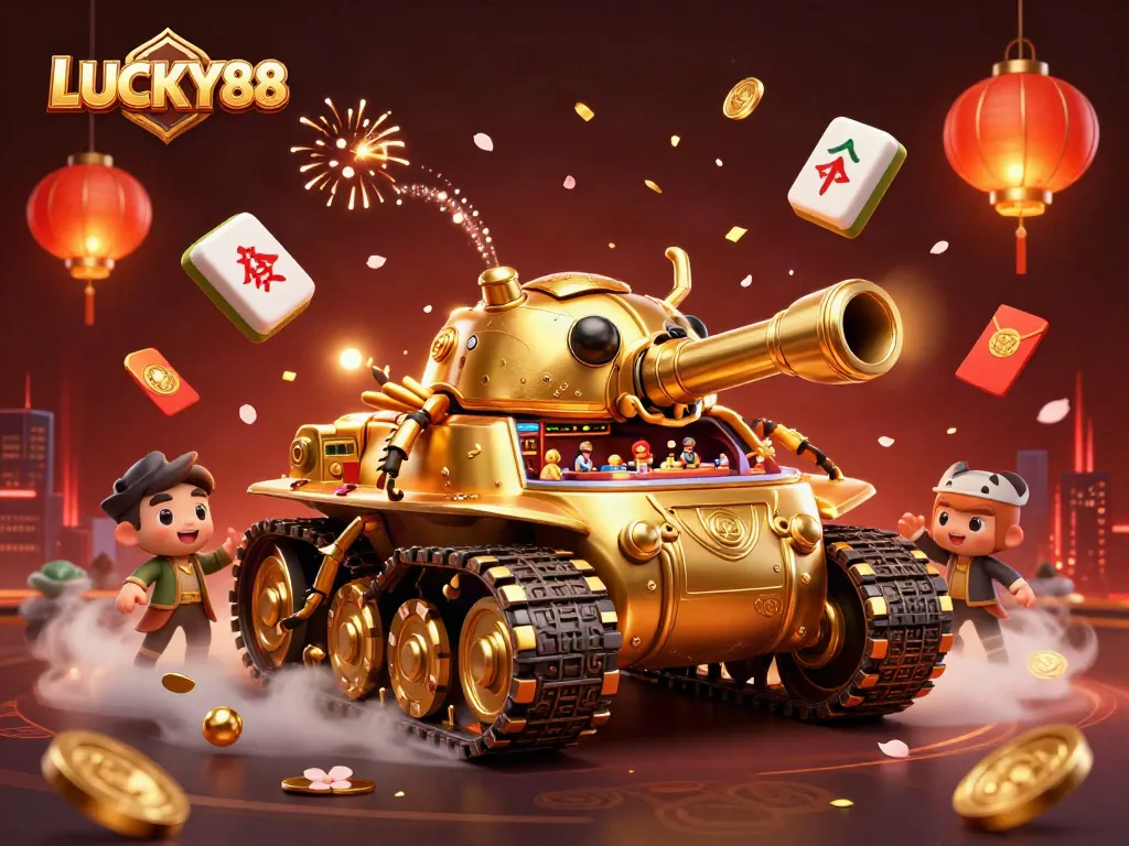 Play exciting games at LUCKY88's immersive casino inside a golden tank, filled with dynamic elements.
