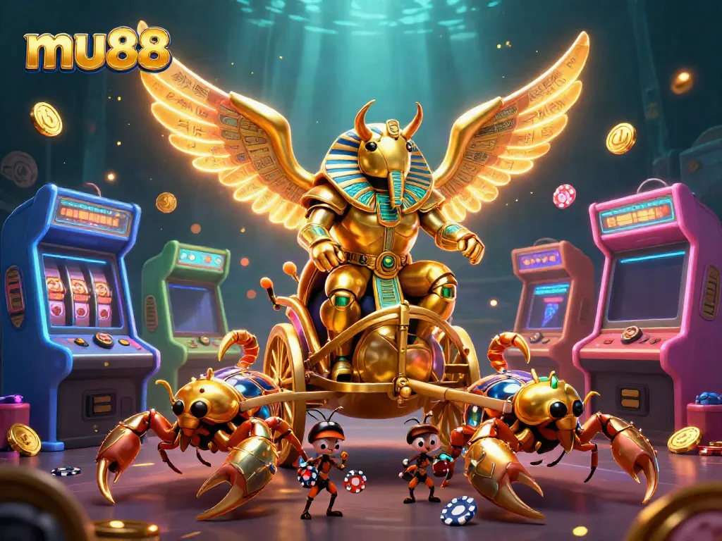 Experience thrilling adventures at mu88 with a stunning 3D casino scene filled with games, action, and characters.