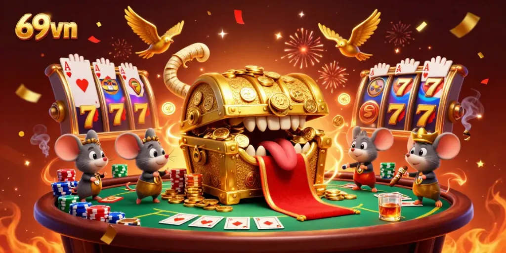 Experience thrilling gaming action with 69vn's vibrant digital slot scene featuring a treasure chest.