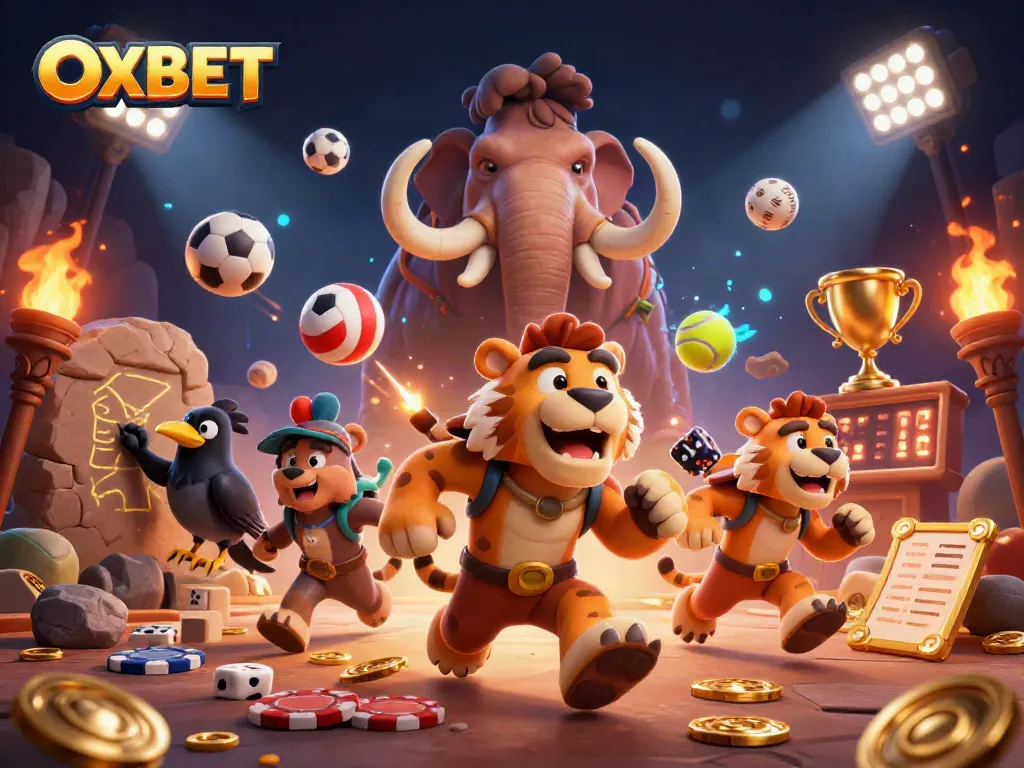 Place bets and win with OXBET at this vibrant prehistoric casino featuring unique characters and dynamic sports elements.